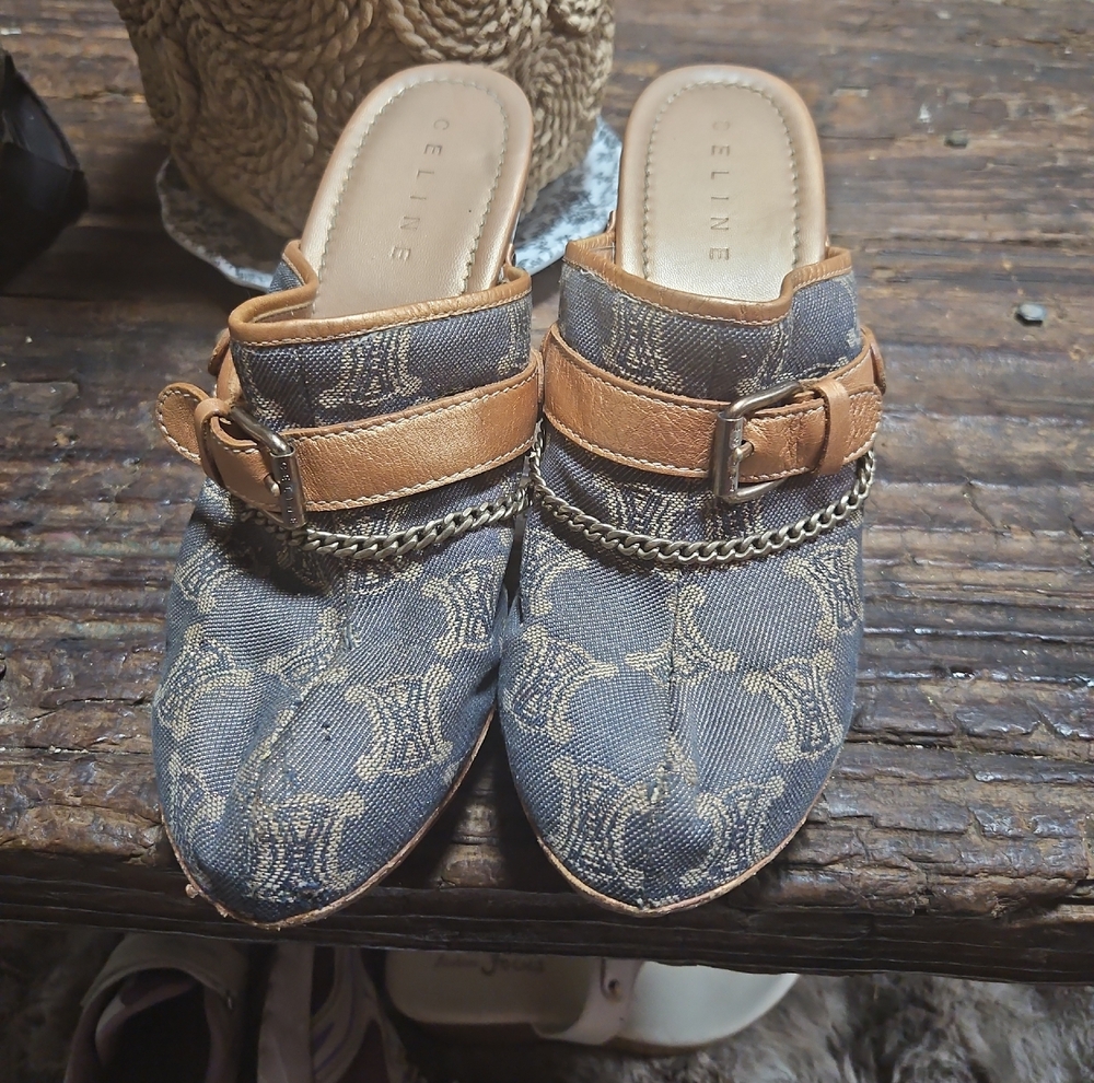 Celine Blue and Tan Patterned Mules